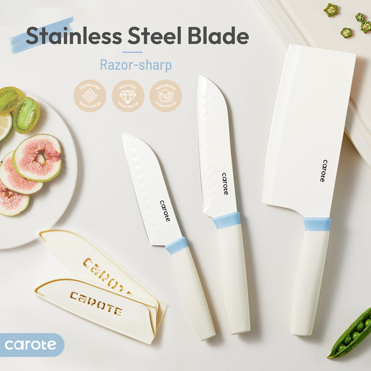 Carote 5 Pieces Ceramic Coating Kitchen Knife Set with Stainless Steel Blade,Nonstick Kitchen Knife & Santoku Knife,Dishwasher Safe,White