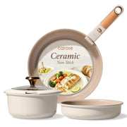 Carote 5 Pcs Ceramic Cookware Sets Nonstick, Pots and Pans Set with Detachable Handles, Oven Safe, Induction Cookware, Stackable Kitchen Cooking Set, Beige