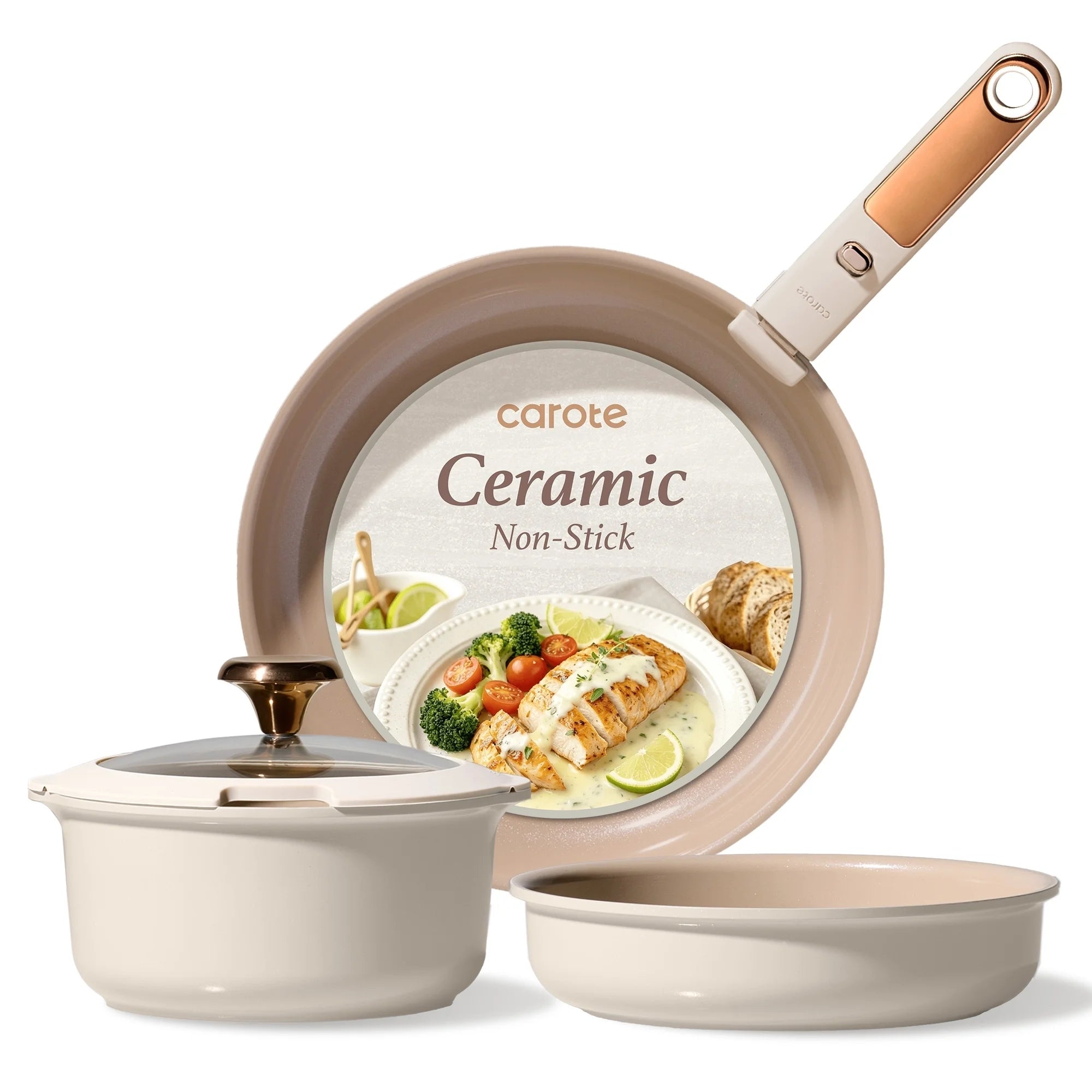 Carote 5 Pcs Ceramic Cookware Sets Nonstick, Pots and Pans Set with Detachable Handles, Oven Safe, Induction Cookware, Stackable Kitchen Cooking Set, Beige