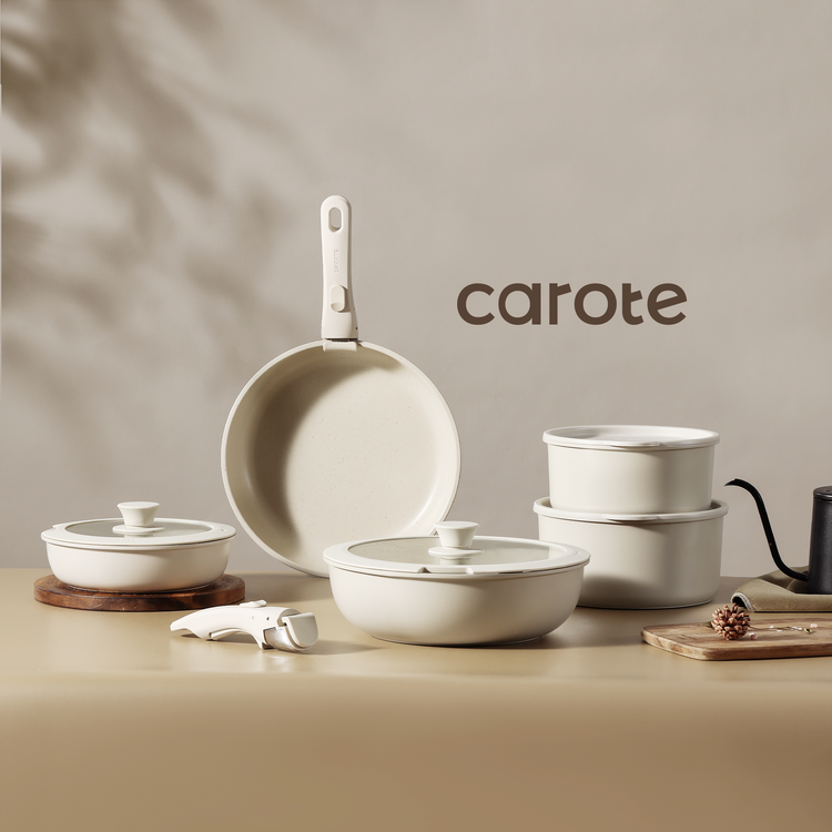 CAROTE 15pcs Pots and Pans Set, Nonstick Cookware Set Detachable Handle, Induction Kitchen Cookware Sets Non Stick with Removable Handle, RV Cookware Set, Oven Safe, Greige Beige