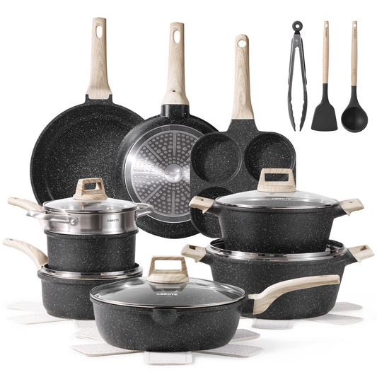 CAROTE 21pcs Pots and Pans Set Nonstick, Cookware Set Black Granite Induction Kitchen Cooking Set w/Frying Pans & Saucepans(PFOS, PFOA Free)