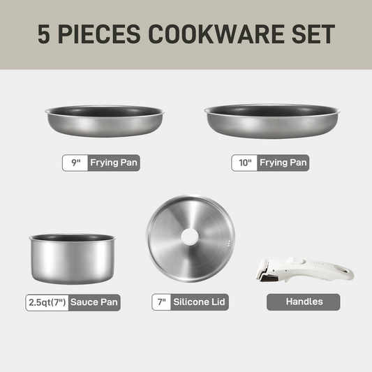 CAROTE 5pcs Stainless Steel Pots and Pans Set with Removable Handle, Cookware Set with Detachable Handle, RV Kitchen Cookware Set, Oven/Dishwasher Safe