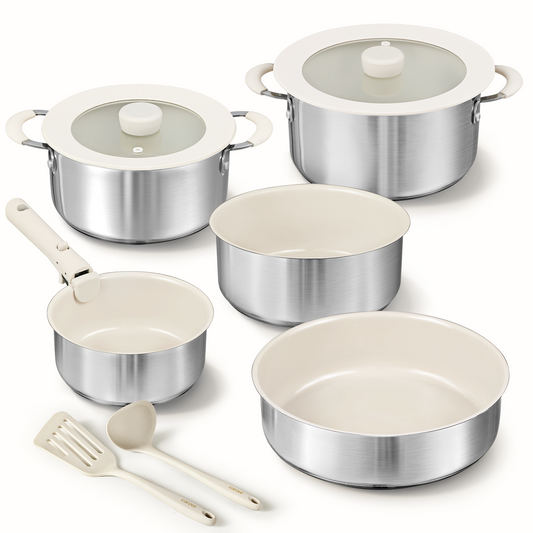 Carote 14Pcs ceramic cookware set with detachable handle, stainless steel exterior