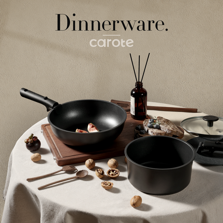 CAROTE 11 件鍋碗瓢盆套裝，不沾鍋炊具套裝，可拆卸手柄，電磁廚房炊具套裝，不沾鍋，帶可拆卸手柄，RV 炊具套裝，烤箱安全炊具套裝，純黑色