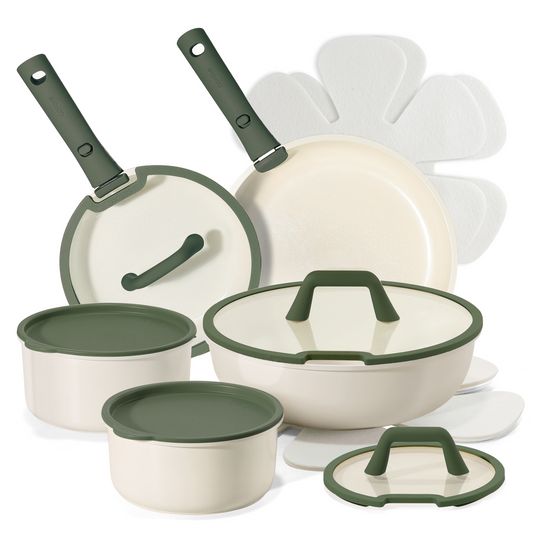 Carote 16Pcs Ceramic Nonstick Cookware Sets, PFAS Free Pots and Pans Set W/ Detachable Handle, Dishwasher Safe, Dark Green