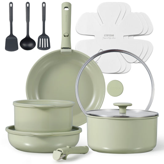 CAROTE 16pcs Ceramic Cookware Set, Pots and Pans Set Non Stick, Induction Kitchen Cookware Sets, Non Stick RV Cookware Set with Detachable Handle, Dishwasher/Oven Safe Cookware Set, Sage Green