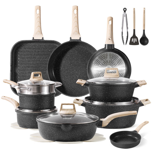 CAROTE 22Pcs Pots and Pans Set, Nonstick Cookware Sets, Granite Induction Cookware Non Stick Cooking Set w/Frying Pans & Saucepans(PFOS, PFOA Free)