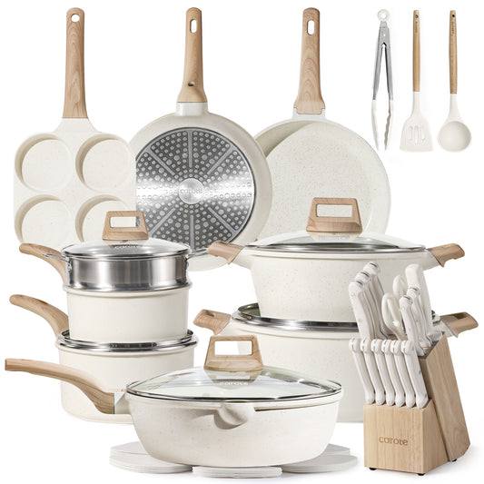 CAROTE ICE 35pcs Pots and Pans Set, Nonstick Cookware Sets, White Granite Induction Cookware with Kitchen Knife Set