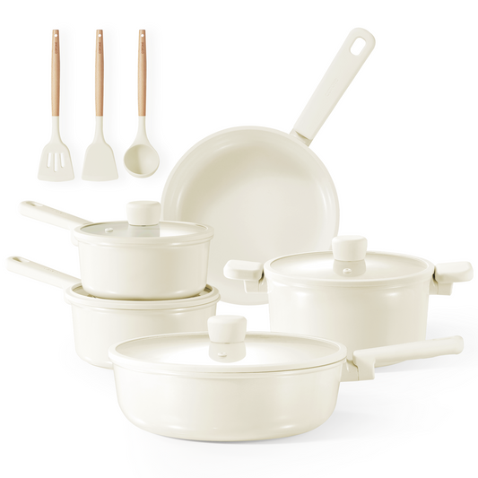 Carote 12pcs ceramic cookware set-white with woody handle