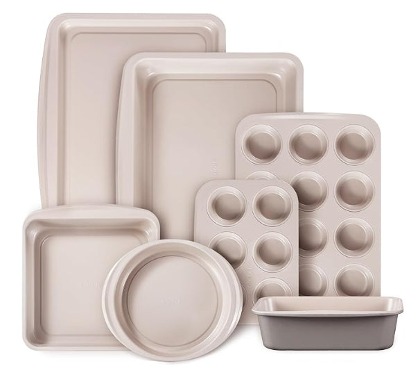 CAROTE 7-Piece Nonstick Stackable Baking Pans Set - Bakeware Sets Including Cookie Sheets for Baking, Muffin Pan, Bread Pan, Cake pan, Loaf Pan, Roasting Pan, Gray & Khaki