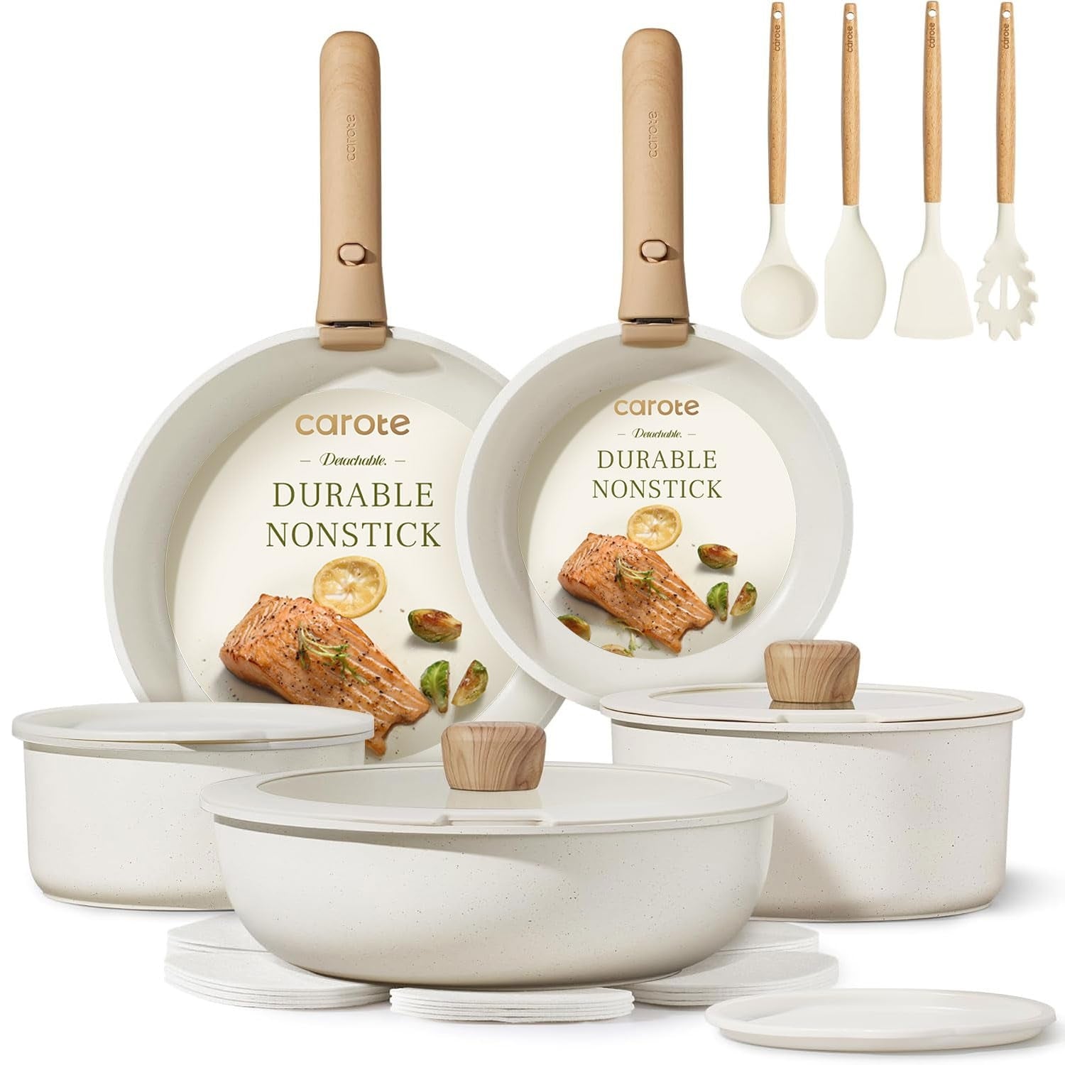 CAROTE 19pcs Pots and Pans Set Non Stick, Nonstick Cookware Set Detachable Handle, Induction Kitchen Cooking Sets with Removable Handle, RV Kitchen, Oven Safe, Taupe