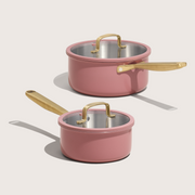 CAROTE 1.60t & 3.0Qt Fully-Clad 3-Ply Stainless SteelSauce Pan Set with Lids Small Kitchen Pans,Outer CeramicLayer,Even Heating, Fits all stoves,Oven & DishwasherSafe,Stay Cool Handle,Pink