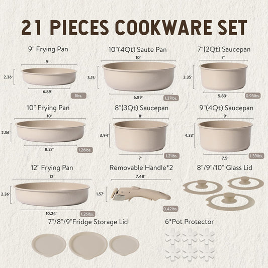 CAROTE 21pcs Detachable Handle Pots and Pan Set, Nonstick Induction Cookware, Removable Handle, RV Oven Safe Cookware, Taupe