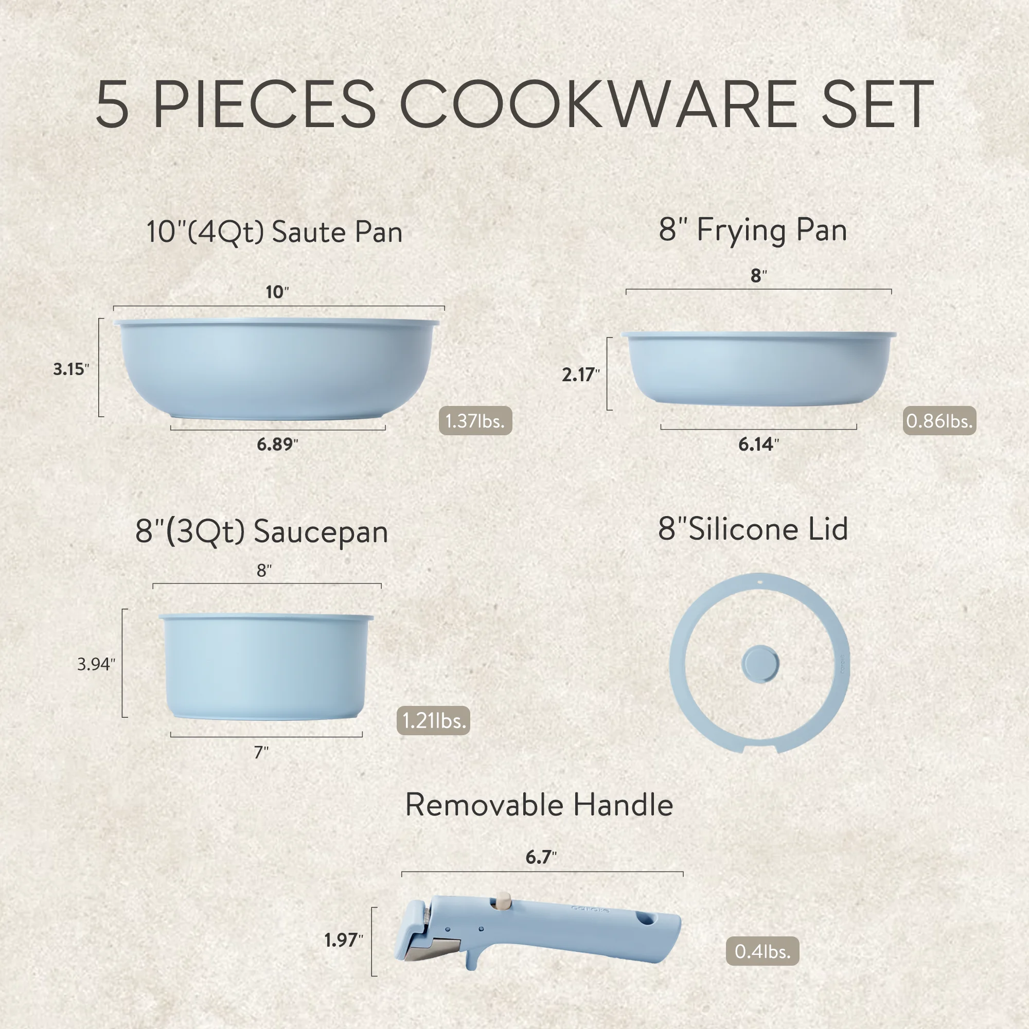 Carote 5 Pcs Nonstick Pots and Pans, Granite Non Stick Cookware Sets with Removable Handle, Oven Safe, Stackable Kitchen Cooking Set, Baby Blue