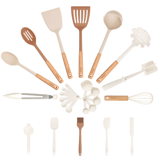 CAROTE Silicone Cooking Utensils Set, 26Pcs Kitchen Utensils Set with Wooden Handle, Kitchen Gadgets for Non-Stick Cookware, Heat Resistant Spatula Set, Large, Pink