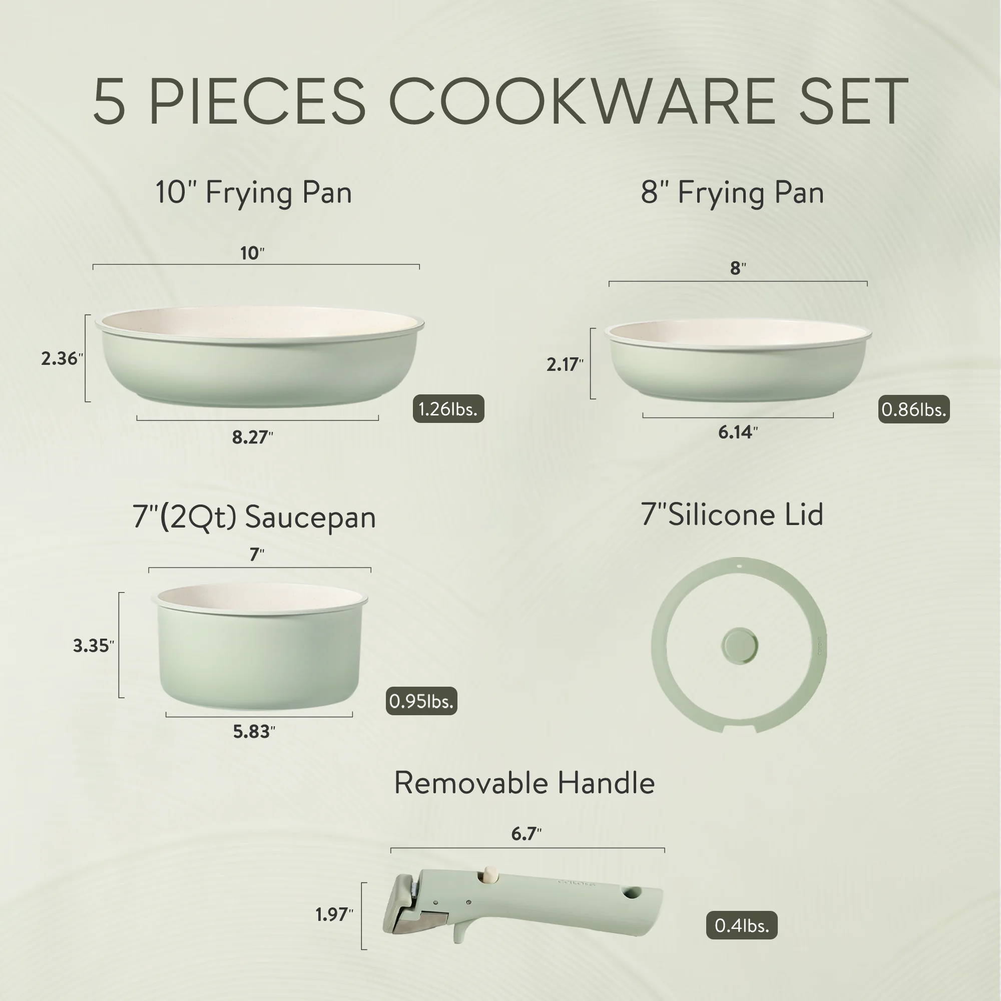 Carote 5 Pcs Pots and Pans Nonstick, Cookware Set with Detachable Handles, Oven Safe, Induction Ready, Stackable Kitchen Cooking Set, Green