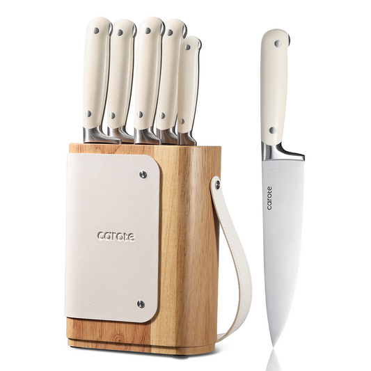 CAROTE 6PCS Knife Set for Kitchen with Block, Stainless Steel Blade for Precise Cutting, Razor-Sharp,Essential Knife Set,White