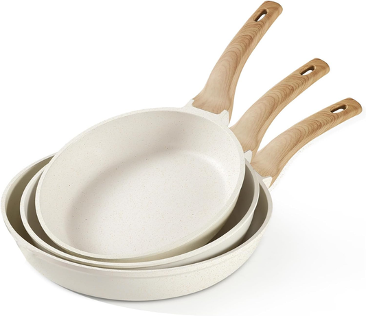 CAROTE Non Stick Frying Pans Set,Nonstick Granite Fry Pan Egg Pan Omelet Pans, Stone Cookware Chef's Pan, PFOA Free,White Granite, 8"+10"+12"
