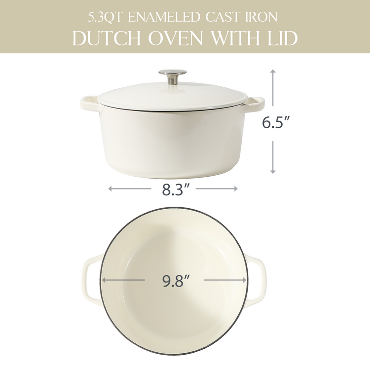 CAROTE 6Qt Enamel Cast Iron Dutch Oven Pot With Lid, Oven Safe Up to 500°F, Cast Iron Pot Wide Flat Cooking Surface with Large Handle Metal Knob, Locking in Nutrients and Easy Cleaning, Cream
