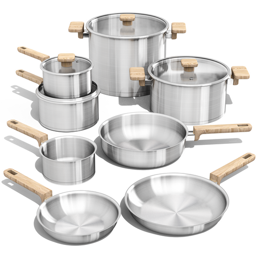 CAROTE 12 Pcs Stainless Steel Cookware Set, Stainless Steel Pots and Pans Set with Tempered Glass Lids, Induction Kitchen Cookware Sets with Stay-Cool Handles,Includes Stockpot, Silver