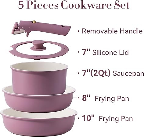 CAROTE 5pcs Pots and Pans Set Non stick,Cookware Set Detachable Handle,kitchen essentials,RV kitchen pot and pan,Induction Cookware,Oven Safe,PFOA PFOS FREE,Purple
