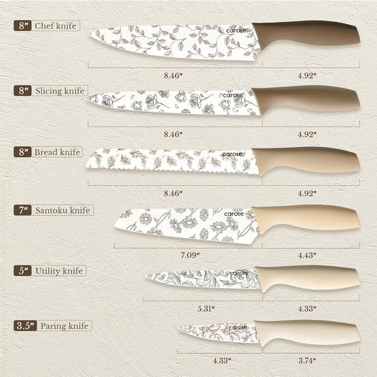 CAROTE 12PCS Knife Set, Kitchen Knife Set with 6 Blade Guards, Stainless Steel Knife Set With Nonstick Ceramic Coating, Rustproof, Delicate Floral Designs, White