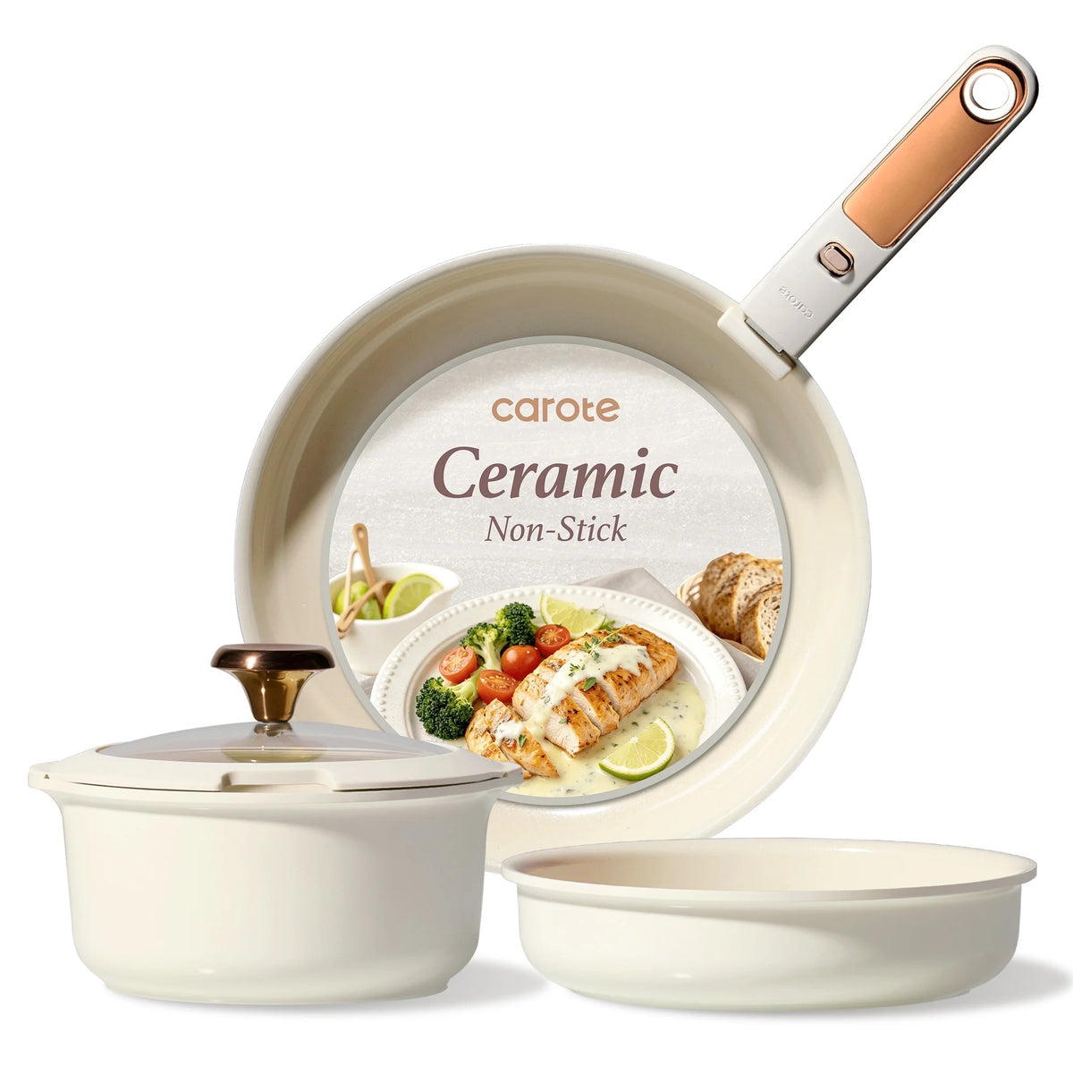 Carote 5 Pcs Ceramic Cookware Sets Nonstick, Pots and Pans Set with Detachable Handles, Oven Safe, Induction Cookware, Stackable Kitchen Cooking Set, Cream White