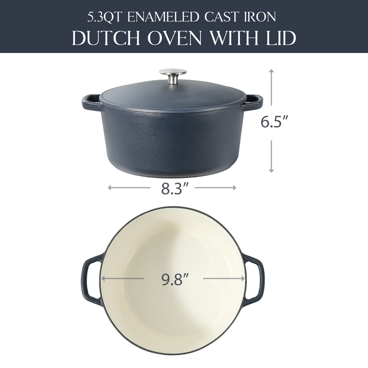 CAROTE 6Qt 搪瓷铸铁荷兰锅带盖，烤箱安全温度高达 500°F，铸铁锅宽而平坦的烹饪表面配有大手柄金属旋钮，锁住营养且易于清洁，蓝色