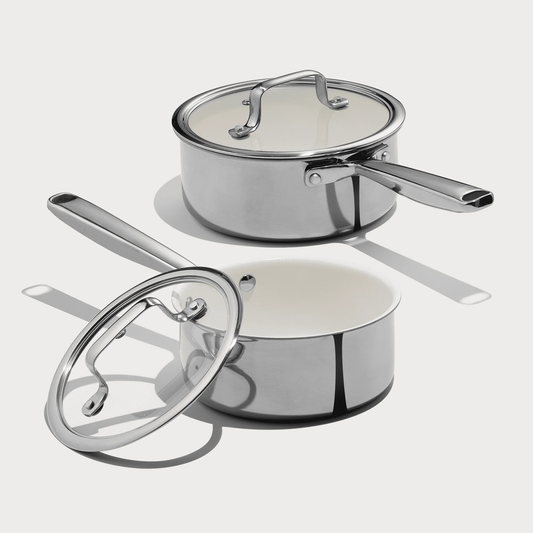 Carote 4-Pcs Tri-Ply Stainless Steel Saucepan Set with Lids, 1.5QT & 3QT Ceramic Coating Induction Pots, Rapid Heating, Easy Cleaning