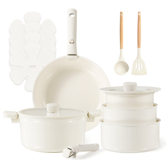 Carote 15 Pcs Detachable Handle Cookware Set, Cream White with Stock Pot