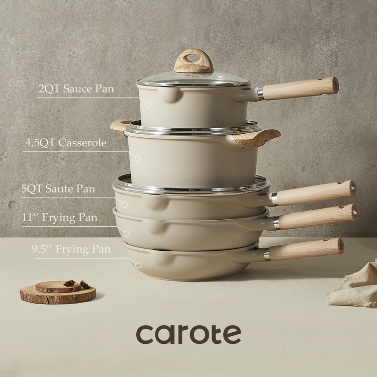 Carote 不沾鍋和平底鍋套裝，8 件套電磁廚房炊具套裝（灰褐色花崗岩）