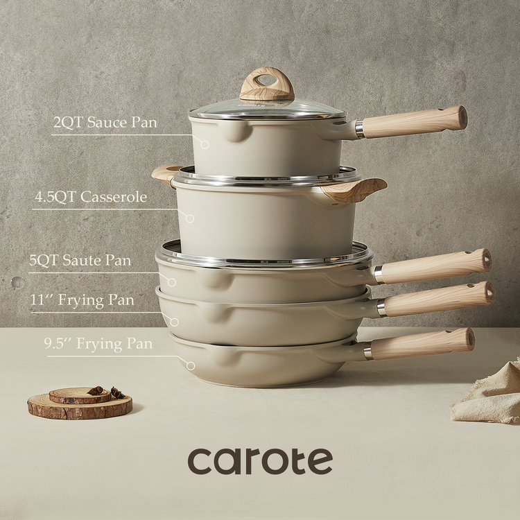 Carote Nonstick Pots and Pans Set, 8 Pcs Induction Kitchen Cookware Sets(Taupe Granite)