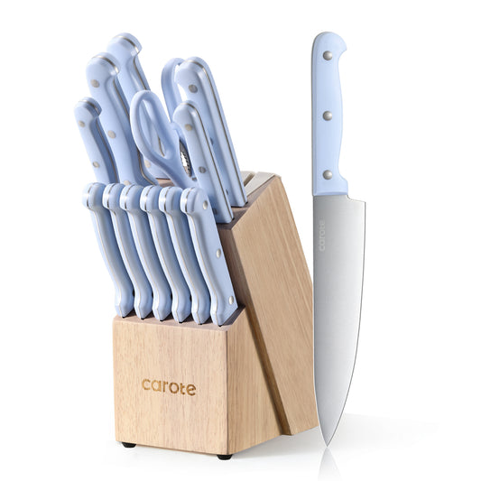 CAROTE 14 Pieces Knife Set with Block, Forged, High Carbon Stainless Steel Sharp Blade Block Knife Set, Dishwasher Safe Cutlery, Blue