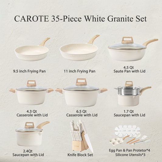 CAROTE ICE 35pcs Pots and Pans Set, Nonstick Cookware Sets, White Granite Induction Cookware with Kitchen Knife Set