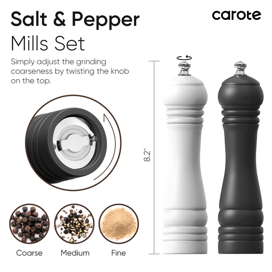 CAROTE Wooden Salt and Pepper Grinder Set, Refillable Sea Salt & Pepper Mills Adjust for Customized Coarseness, Spice grinders with Wood and Stainless Steel, Black & White, 8 Inch