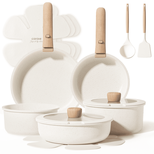 Carote 15 Pcs Nonstick Cookware Sets, Granite Non Stick Pots and Pans with Removable Handles, Oven Safe, Induction Compatible, Cream White
