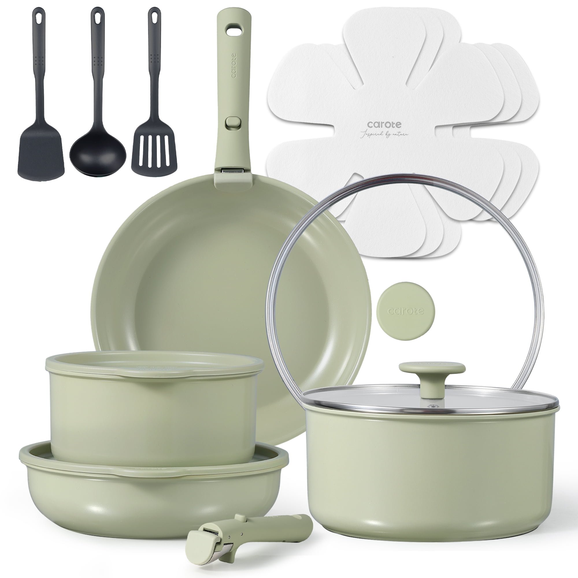 Carote 16-Piece Ceramic Nonstick Cookware Set, Pots and Pans Set with Detachable Handle, Induction Compatible, Oven & Dishwasher Safe, Sage Green