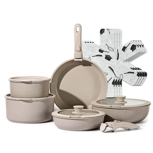 CAROTE 15-Piece Nonstick Cookware Set with Detachable Handles Taupe