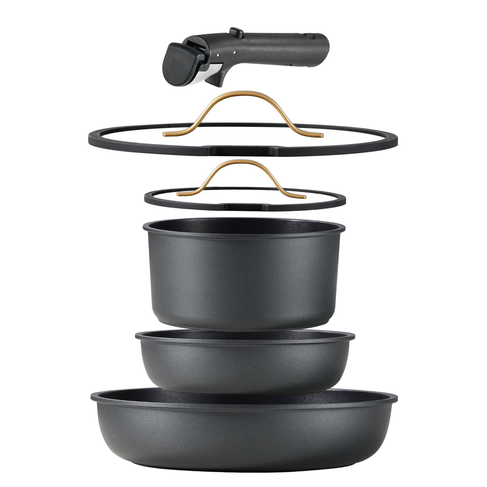 Carote 6-Piece Pots and Pans Set, Nonstick Cookware Set with Detachable Handles, Dishwasher/Oven Safe, Black