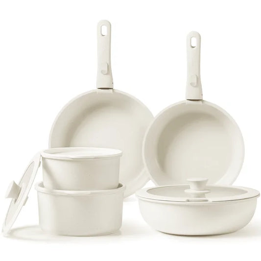 Carote 10 Pcs Nonstick Pans Set, Nonstick Skillets with Detachable Handle, Oven Safe, Induction Cookware, Stackable Kitchen Set