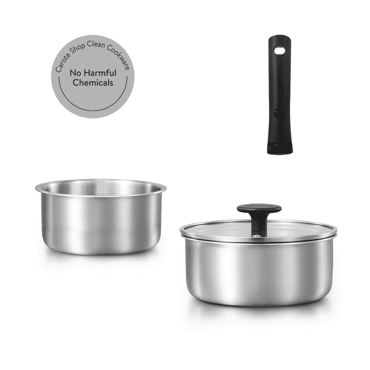 Carote 4 Pcs Stainless Steel Saucepan Set, Sauce Pans with Detachable Handle, Oven Safe, Induction Ready, Stackable Cookware, Kitchen Cooking Set