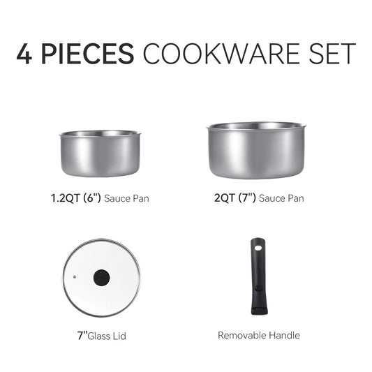 Carote 4 Pcs Stainless Steel Saucepan Set, Sauce Pans with Detachable Handle, Oven Safe, Induction Ready, Stackable Cookware, Kitchen Cooking Set