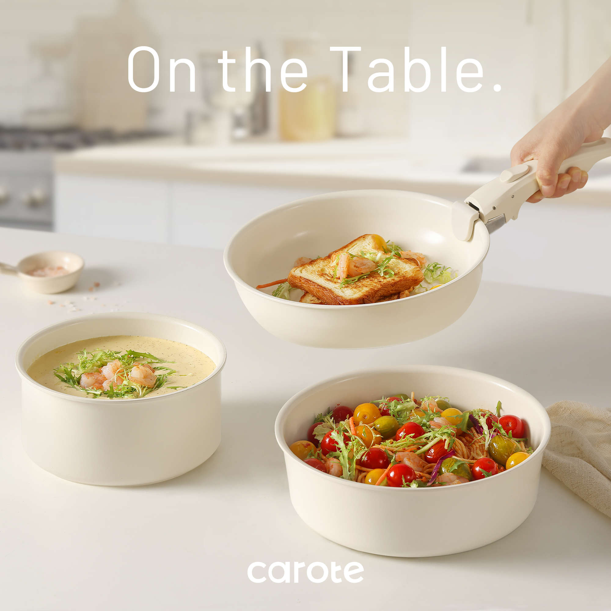 CAROTE 15 件式鍋碗瓢盆套裝，陶瓷炊具套裝可拆卸手柄 - 乳白色