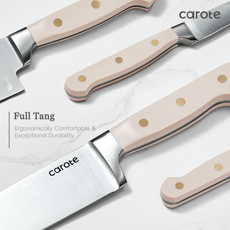 CAROTE 11PCS Knife Set with Block for kitchen, Stainless Steel Razor-Sharp Blade, Triple Riveted Ergonomic Handle,Essential Knife Set, Coffee