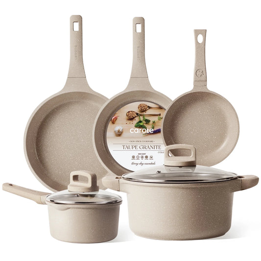 Carote Nonstick Cookware Set 7-Piece,Kitchen Pots and Pans Set,Stay-Cool Handles,Induction Compatible,Cookware Set for RV and Camping,Taupe