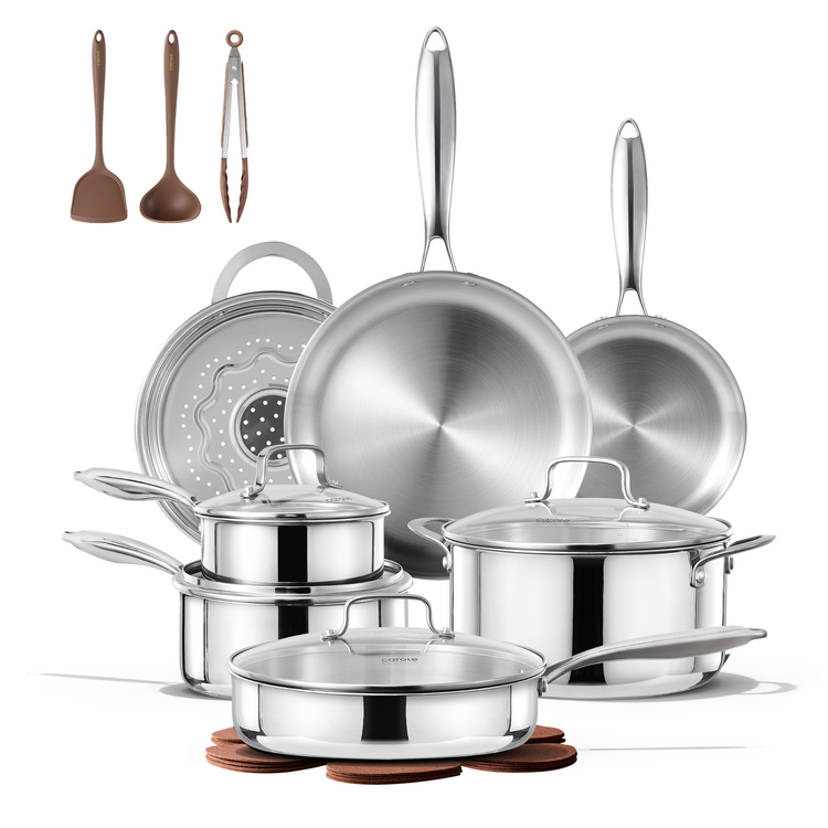 Carote 19-Piece Tri-Ply Stainless Steel Cookware Set, Induction Compatible and Oven Safe, Silver Handle