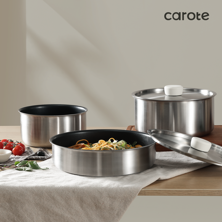 CAROTE 5pcs Stainless Steel Pots and Pans Set with Removable Handle, Cookware Set with Detachable Handle, RV Kitchen Cookware Set, Oven/Dishwasher Safe
