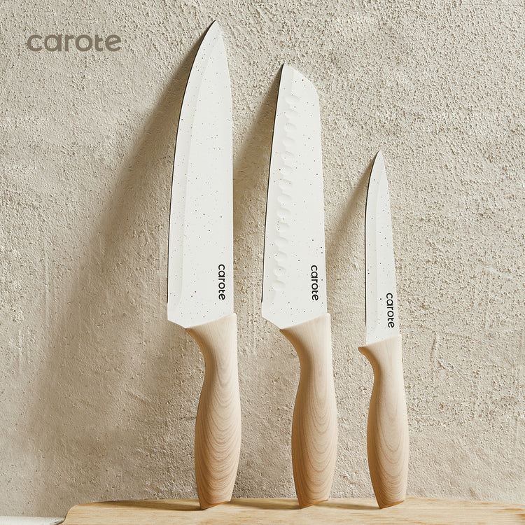 CAROTE 12PCS Knife set with Blade Guards,Granite Nonstick Ceramic Coating,Stainless Steel blade, Wooden Handle, Essential knife set,White