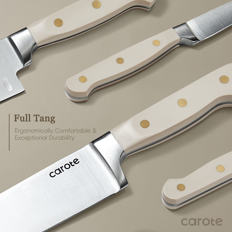 CAROTE 11 件廚房刀具套裝，附刀座，不銹鋼鋒利刀片，三重鉚接人體工學手柄，基本刀具套裝，米色