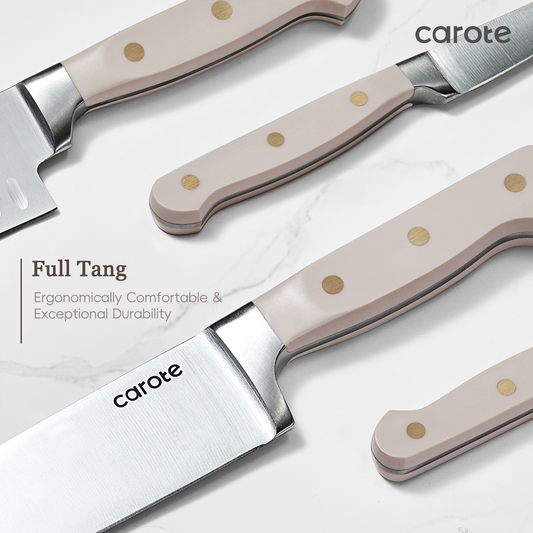 CAROTE 11PCS Knife Set with Block for kitchen, Stainless Steel Razor-Sharp Blade, Triple Riveted Ergonomic Handle,Essential Knife Set,Brown